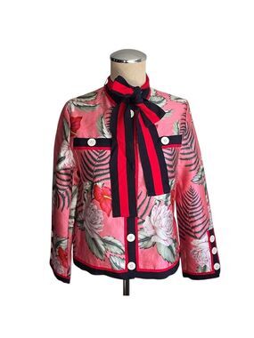 Floral Satin Statement Jacket with Bow Tie & Contrast Trim – Size S